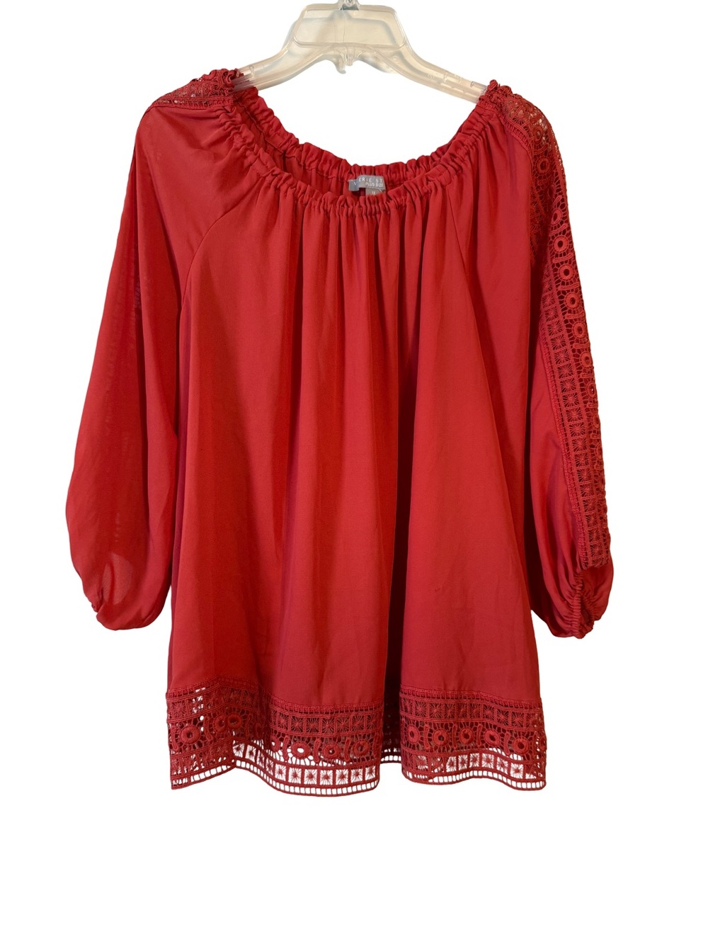 Women’s Rust color Off-Shoulder Peasant Blouse with Crochet Trim